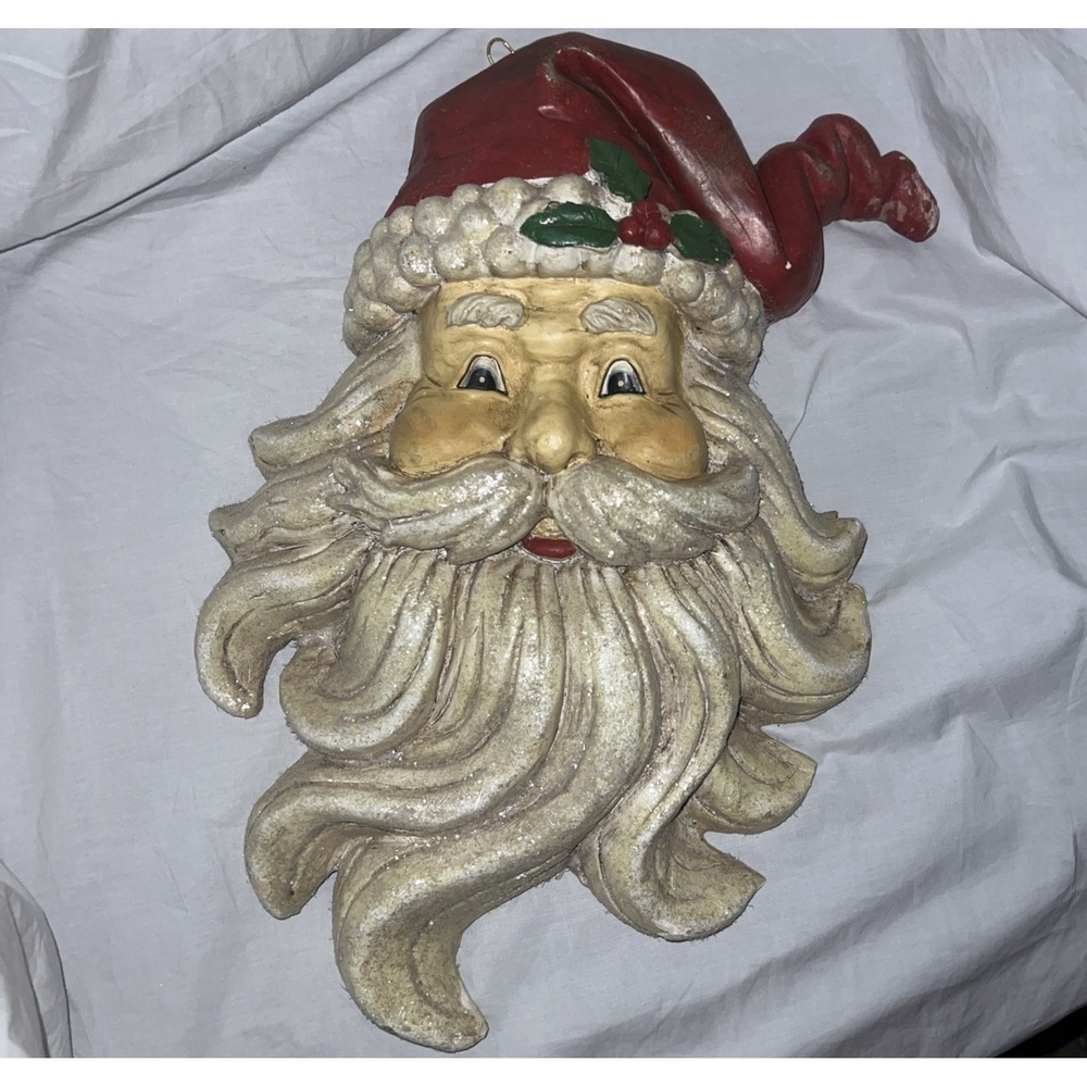 Vintage PAPER MACHE SANTA FACE Wall Hanging 18.5" Display Head 3D Glittery Jolly
